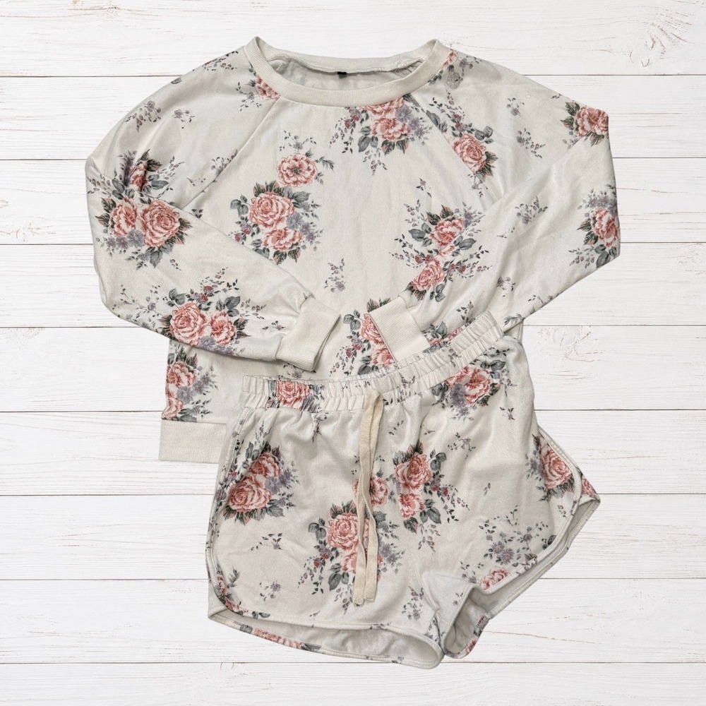 Floral Sweatshirt Shorts Set Cream Rose Print Cottagecore Co Ord M